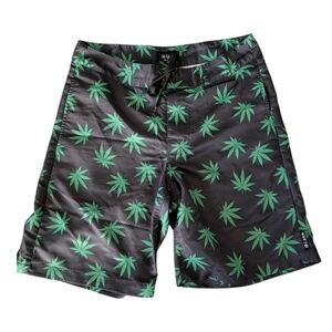 HUF Black Swim Shorts with Green Leaf Pattern | Size: 30